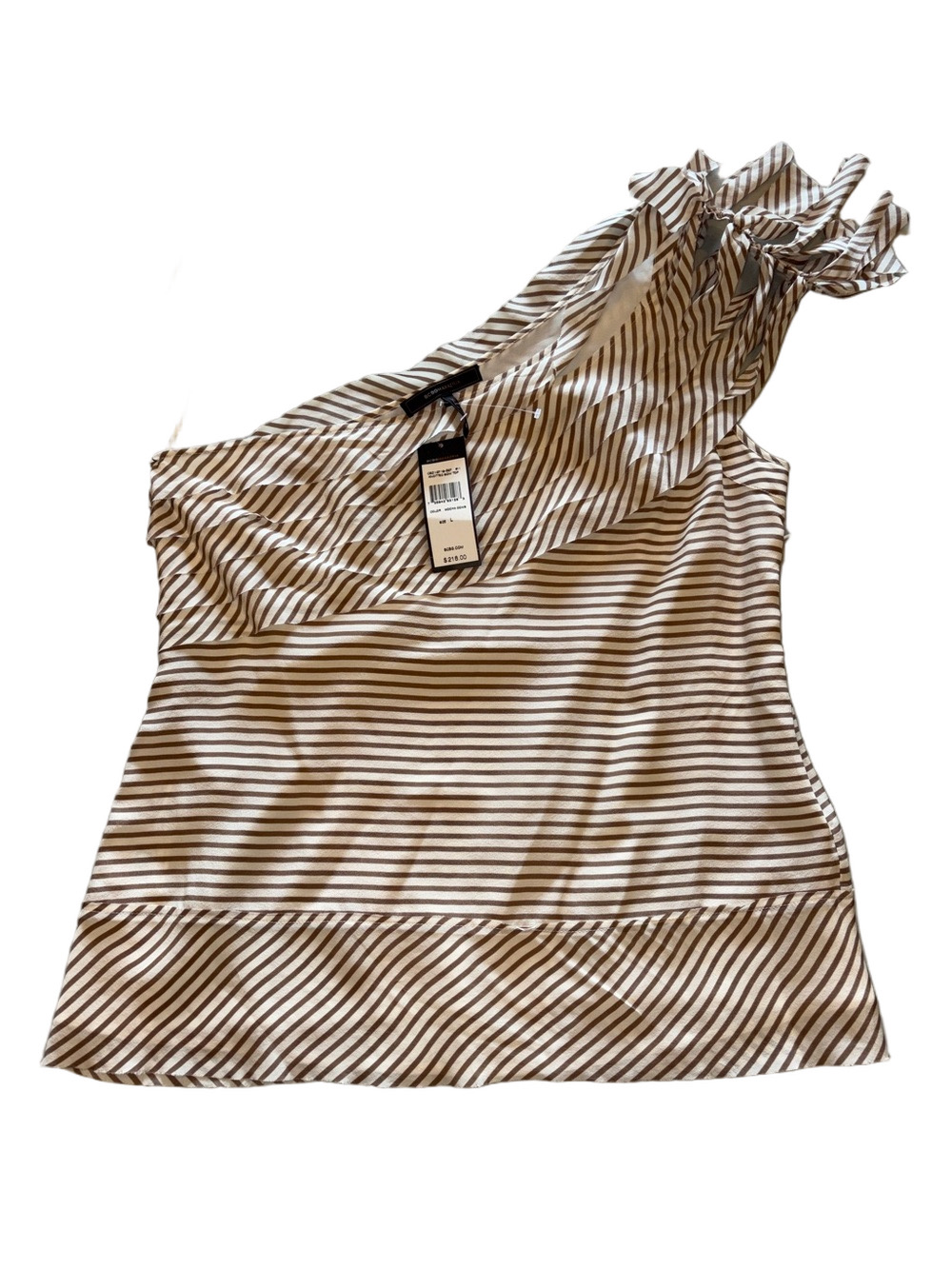 BCBGMAXAZRIA Knotted Bow One-Shoulder Top Mocha Stripe Size L NWT - Picture 2 of 4